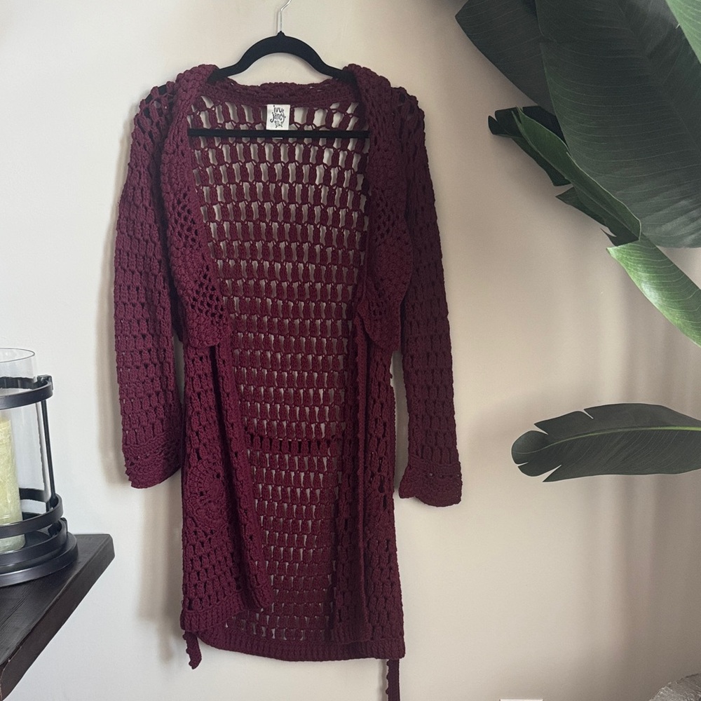 Burgundy Crochet Open Cardigan 100% cotton